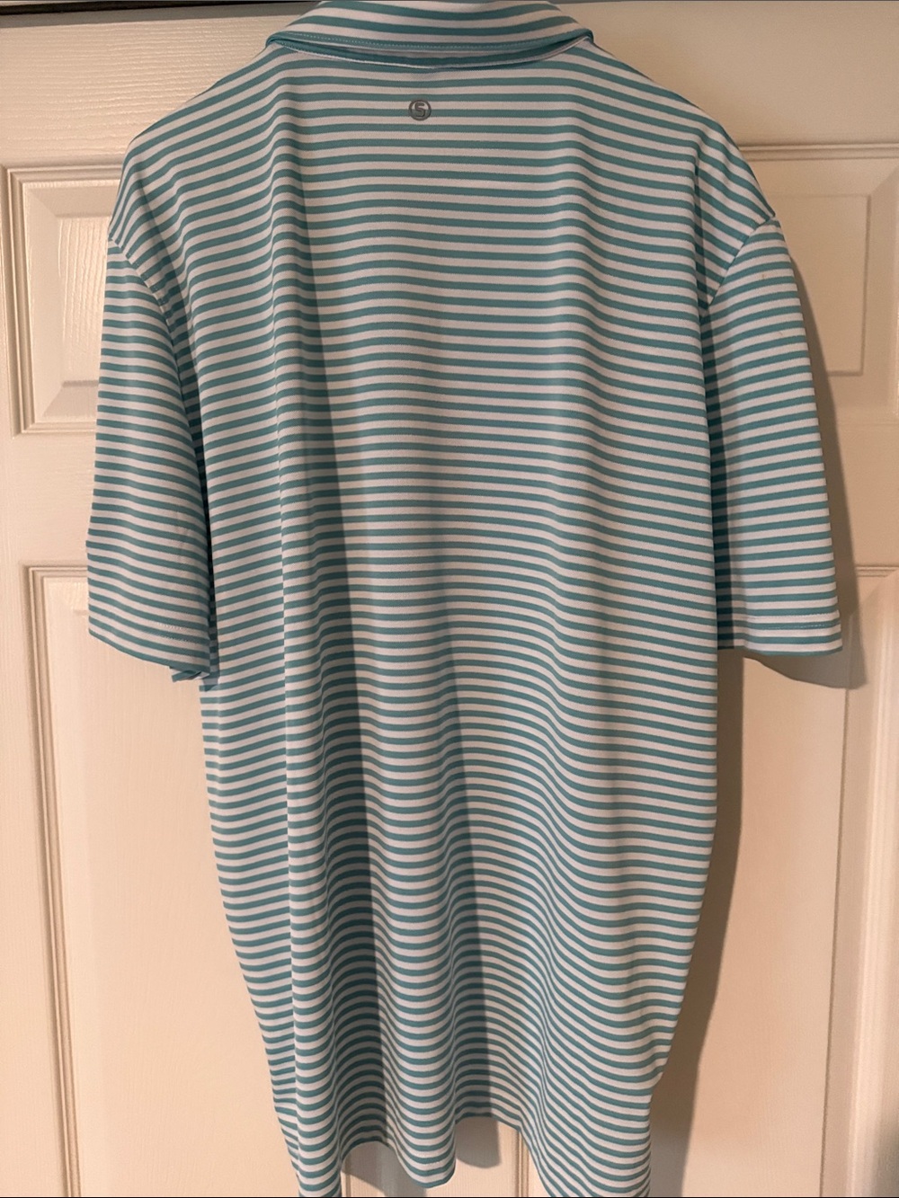 Men's Aqua and White Striped Performance Polo SAS Championship - Picture 6 of 7